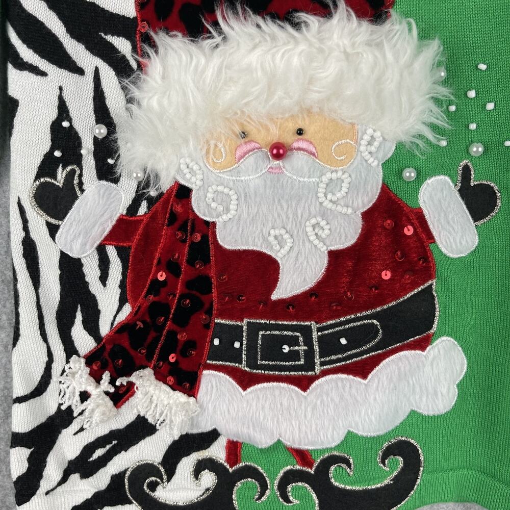 Berek Studio Ugly Christmas Sweater Womens Medium Green Santa Beaded Sequin 3D - Picture 9 of 15